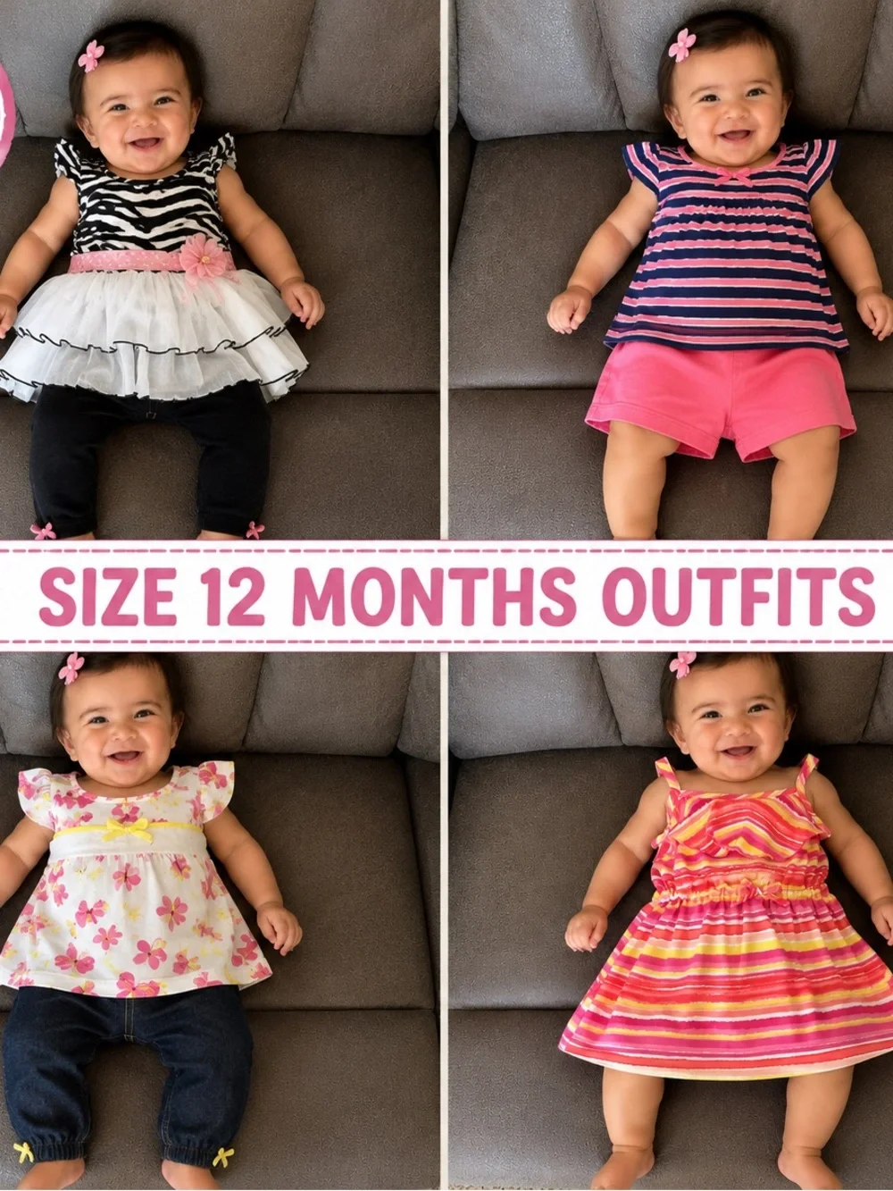 Bundle Sale- 4 Baby Girls Pink Floral & Stripe Outfit Bundle - Size 12 Months
